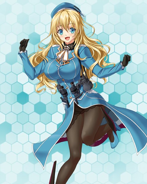 Anime picture 800x1000 with kantai collection atago heavy cruiser hammerman benkei single long hair tall image looking at viewer blush breasts open mouth blue eyes blonde hair large breasts girl dress gloves pantyhose black pantyhose beret