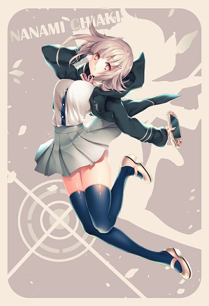 Anime picture 712x1040 with dangan ronpa nanami chiaki mirunai single tall image short hair silver hair full body pink eyes open clothes open jacket zettai ryouiki girl thighhighs skirt uniform black thighhighs school uniform shirt jacket