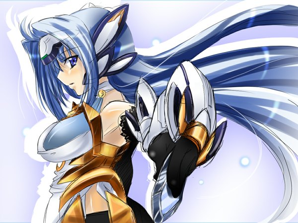 Anime picture 1024x768 with xenosaga xenosaga episode iii monolith software kos-mos iga tamaki single long hair blue eyes gloves elbow gloves android