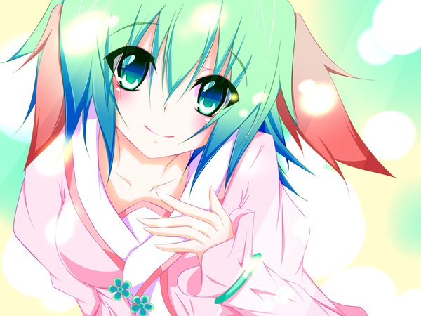 Anime picture 1200x900 with touhou kasodani kyouko single blush short hair smile green eyes animal ears long sleeves green hair girl dress bracelet
