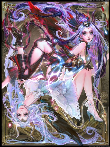 Anime picture 1000x1327 with legend of the cryptids yu-han tall image breasts light erotic multiple girls green eyes silver hair purple hair bent knee (knees) very long hair horn (horns) lips black eyes bare legs high heels legs lipstick eyebrows makeup