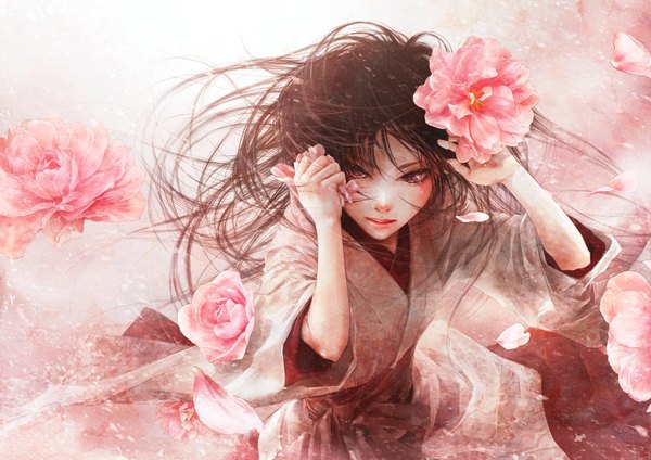 Anime picture 2000x1416 with original enta shiho single long hair looking at viewer blush fringe highres black hair red eyes traditional clothes japanese clothes arm up lips floating hair covering messy hair girl flower (flowers) petals