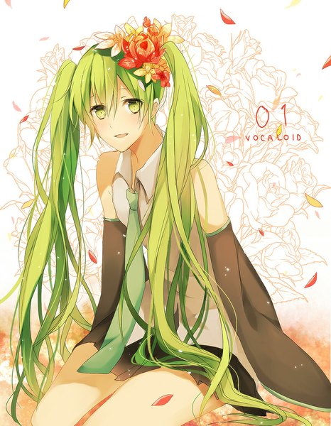 Anime picture 800x1028 with vocaloid hatsune miku hanagata single long hair tall image looking at viewer blush open mouth twintails green eyes hair flower green hair girl hair ornament flower (flowers) detached sleeves petals