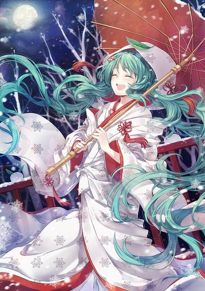 Anime picture 800x1132 with vocaloid hatsune miku yuki miku yuki miku (2013) cat princess single tall image blush open mouth smile holding sky cloud (clouds) eyes closed very long hair traditional clothes japanese clothes aqua hair night wide sleeves