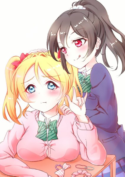 Anime picture 906x1280 with love live! school idol project sunrise (studio) love live! yazawa nico ayase eli pipette (artist) long hair tall image blush blue eyes black hair blonde hair red eyes twintails multiple girls ponytail hand on another's shoulder hand on another's head mmm girl