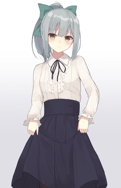 Anime picture 645x1000 with kantai collection yuubari light cruiser huuyu single long hair tall image looking at viewer blush fringe simple background standing white background holding brown eyes silver hair ponytail pleated skirt grey background girl skirt