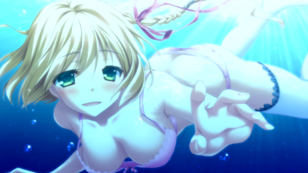 Anime picture 1280x720 with unmei senjou no phi linja oehlenslaeger bankoku ayuya single blush short hair breasts open mouth light erotic blonde hair wide image green eyes looking away game cg braid (braids) outstretched arm side braid underwater swimming girl