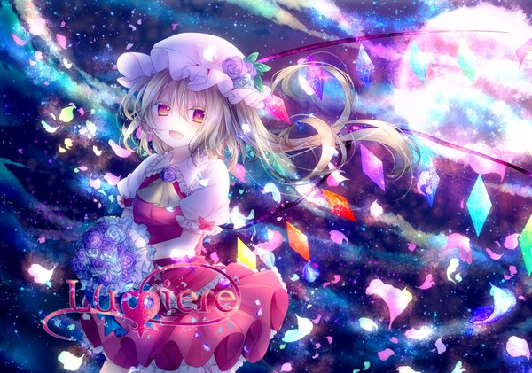 Anime picture 1000x703 with touhou flandre scarlet riichu single looking at viewer short hair open mouth blonde hair red eyes girl dress flower (flowers) weapon petals wings moon bonnet bouquet crystal laevatein (touhou)