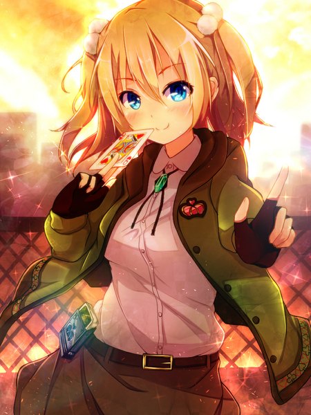 Anime picture 810x1080 with original dennryuurai single tall image looking at viewer blush short hair blue eyes smile brown hair open clothes open jacket two side up girl skirt gloves shirt jacket fingerless gloves card (cards)