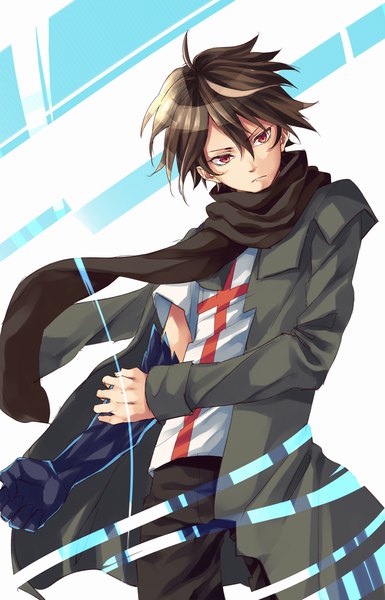 Anime picture 867x1350 with guilty crown production i.g ouma shu arios (orochi yuta) single tall image fringe short hair hair between eyes brown hair standing brown eyes looking away ahoge head tilt serious boy scarf pants t-shirt