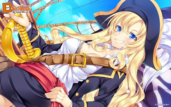 Anime picture 1920x1200 with d chara mail ichijou hitoshi long hair blush highres blue eyes blonde hair smile wide image pirate girl weapon hat sword