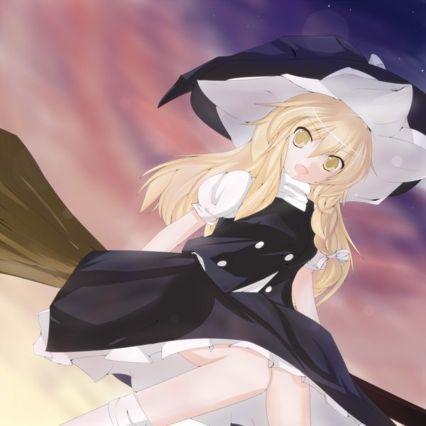 Anime picture 2000x2000 with touhou kirisame marisa gseeddjp (artist) single long hair highres open mouth blonde hair sitting yellow eyes flying witch girl witch hat broom