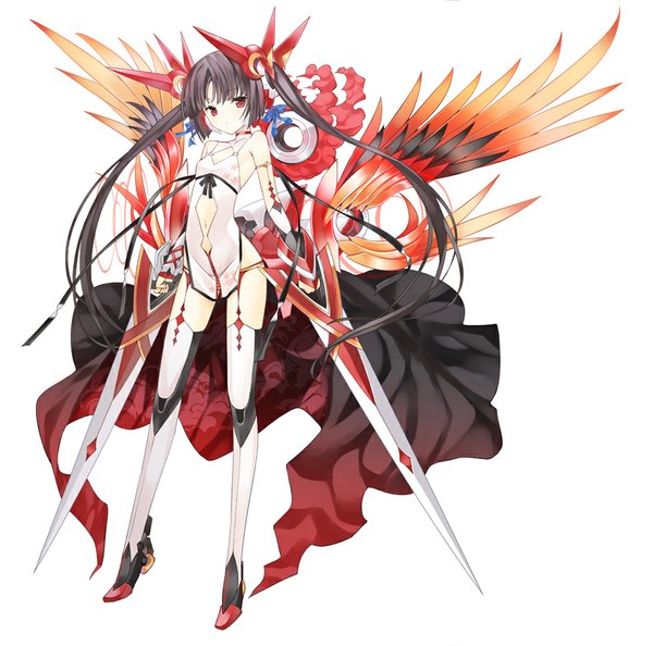 Anime picture 909x900 with original achunchun single long hair looking at viewer fringe light erotic black hair simple background red eyes white background twintails bare shoulders bare belly girl thighhighs dress navel ribbon (ribbons) weapon