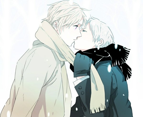 Anime picture 1024x835 with axis powers hetalia studio deen russia (hetalia) prussia (hetalia) tagme (artist) short hair purple eyes white hair eyes closed multiple boys snowing winter kiss shounen ai boy gloves scarf 2 boys coat