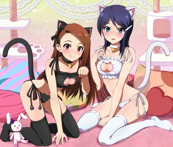 Anime picture 1524x1300 with idolmaster idolmaster dearly stars minase iori mizutani eri hina (araburu-hinadori) long hair looking at viewer blush short hair open mouth light erotic smile brown hair multiple girls animal ears blue hair red hair tail animal tail cat ears