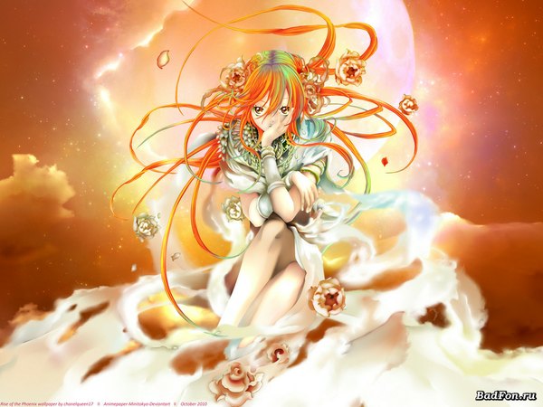 Anime picture 1024x768 with olimpos aki (artist) long hair sky red hair multicolored hair hair flower orange hair arm support girl hair ornament flower (flowers) moon