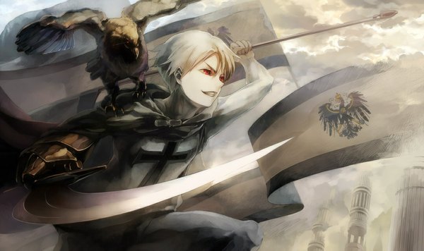 Anime picture 1077x640 with axis powers hetalia studio deen prussia (hetalia) oba-min single short hair red eyes wide image white hair arm up battle animal on shoulder arm guard bird on shoulder evil grin attack boy weapon animal sword