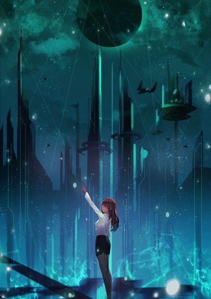 Anime picture 4961x7016 with original see n single long hair tall image highres brown hair standing absurdres sky cloud (clouds) arm up blurry night sparkle night sky outstretched arm city glowing cityscape