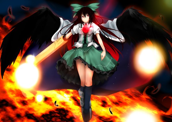 Anime picture 1280x905 with touhou reiuji utsuho dd mayohara single long hair black hair red eyes arm cannon girl dress bow weapon hair bow wings socks black socks feather (feathers)
