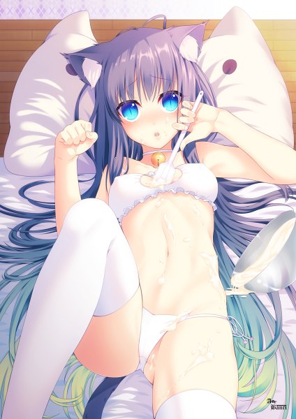 Anime picture 848x1200 with original banri single long hair tall image blush open mouth blue eyes light erotic animal ears blue hair tail animal tail cat ears cat girl cat tail underwear only girl thighhighs underwear