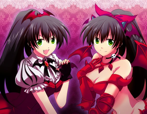 Anime picture 1028x800 with idolmaster ganaha hibiki haruna hisui (artist) long hair looking at viewer open mouth black hair smile bare shoulders multiple girls green eyes ponytail teeth fang (fangs) dual persona my dear vampire nightmare blood girl dress gloves