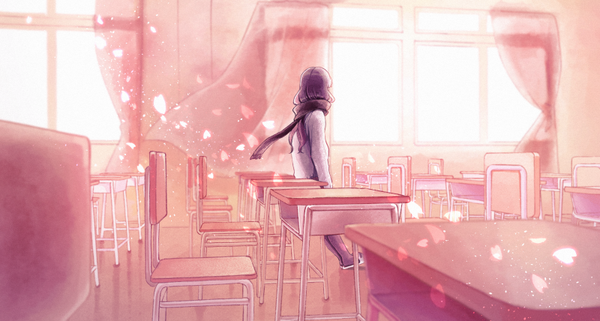 Anime picture 800x428 with original shigure ui single long hair brown hair wide image wind sunlight classroom girl petals pantyhose window black pantyhose scarf curtains chair desk winter clothes
