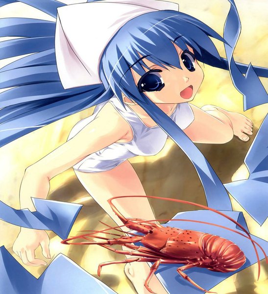 Anime picture 1032x1133 with shinryaku! ika musume ika musume single tall image open mouth blue eyes blue hair very long hair tentacle hair girl swimsuit hat animal one-piece swimsuit lobster