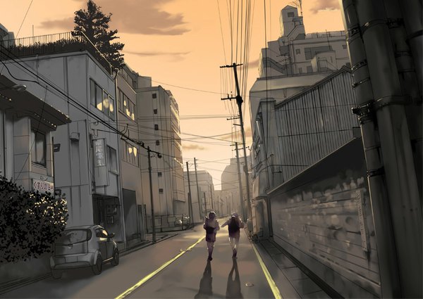 Anime picture 800x567 with original hanaosutarou sky cloud (clouds) sunlight multiple boys shadow running boy plant (plants) tree (trees) window building (buildings) 2 boys ground vehicle backpack fence car power lines road