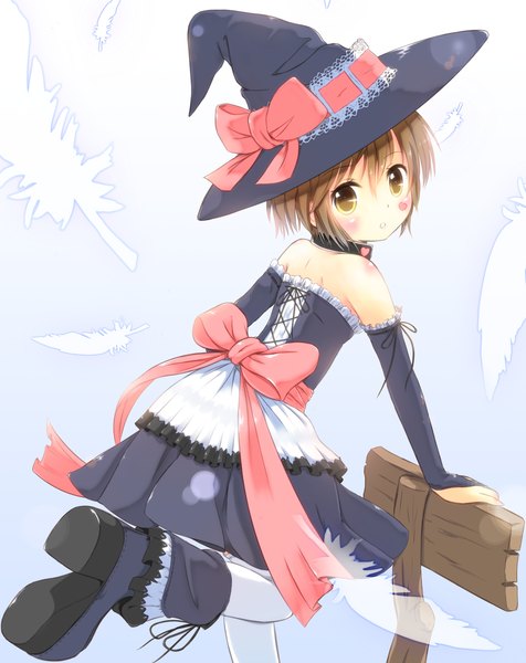 Anime picture 1000x1261 with suzumiya haruhi no yuutsu kyoto animation nagato yuki mode (mode-n) single tall image blush short hair brown hair brown eyes looking back girl dress bow detached sleeves boots feather (feathers) witch hat
