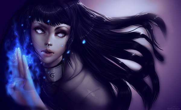Anime picture 2000x1212 with naruto studio pierrot naruto (series) hyuuga hinata lavah (artist) single long hair looking at viewer fringe highres black hair simple background wide image purple eyes purple hair lips realistic glowing portrait face