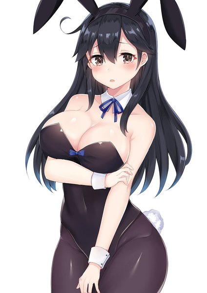 Anime picture 800x1131 with kantai collection ushio destroyer coffeedog single long hair tall image looking at viewer blush fringe breasts open mouth light erotic black hair simple background hair between eyes large breasts white background bare shoulders brown eyes animal ears