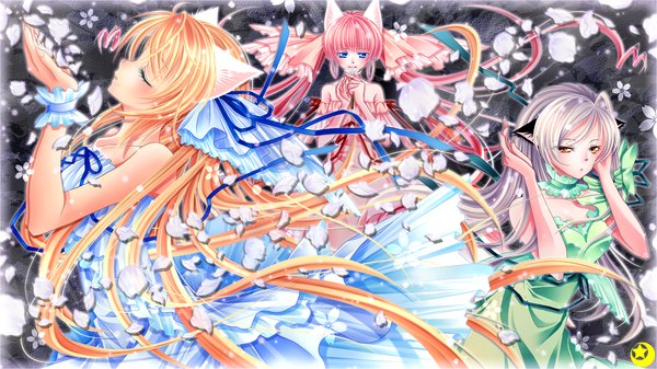 Anime picture 1920x1080 with original midzuki long hair highres blue eyes blonde hair wide image bare shoulders multiple girls animal ears pink hair silver hair eyes closed very long hair profile cat ears orange eyes girl dress flower (flowers)