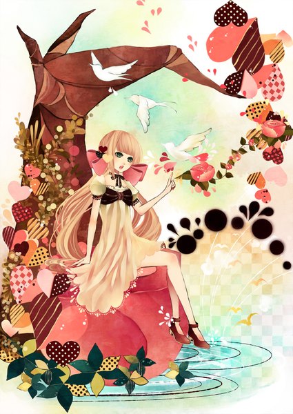 Anime picture 1189x1680 with mutou shino long hair tall image open mouth blonde hair sitting aqua eyes girl dress flower (flowers) bow plant (plants) hair bow animal heart bird (birds) rose (roses)