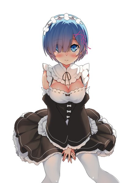 Anime picture 1950x2767 with re:zero kara hajimeru isekai seikatsu white fox rem (re:zero) kawai (purplrpouni) single tall image blush fringe highres short hair breasts blue eyes white background blue hair cleavage hair over one eye maid girl dress uniform