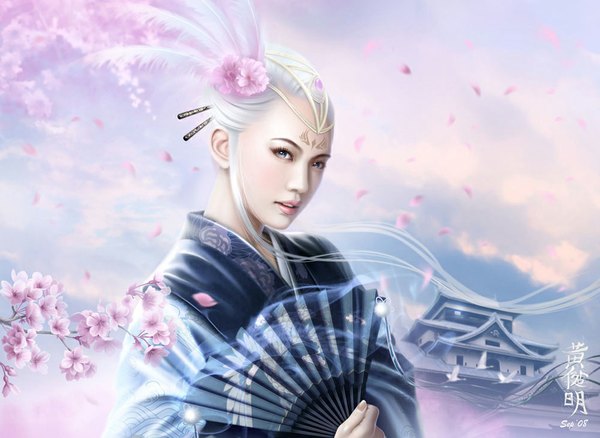 Anime picture 1024x749 with mario wibisono (raynkazuya) single blue eyes sky silver hair cloud (clouds) hair flower lips realistic cherry blossoms chinese clothes girl hair ornament flower (flowers) petals building (buildings) fan chinese dress