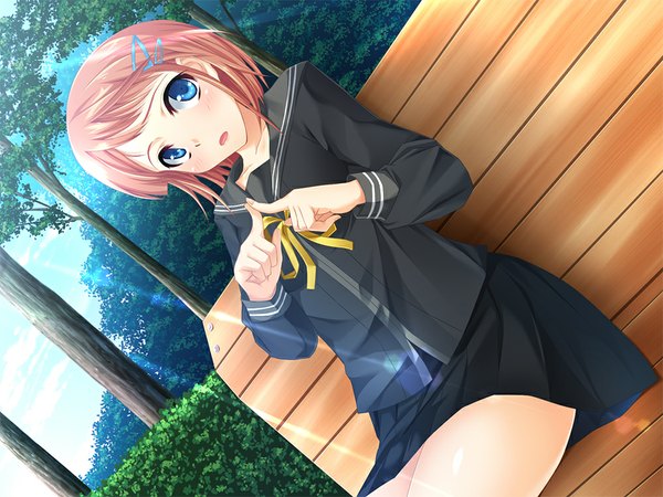 Anime picture 1000x750 with original tomabechi single blush fringe short hair open mouth blue eyes sitting looking away pink hair sky cloud (clouds) pleated skirt sunlight girl skirt uniform hair ornament ribbon (ribbons)