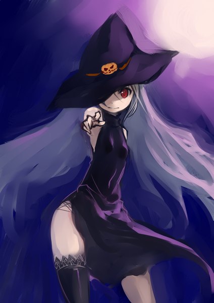 Anime picture 2893x4090 with original johan (johan13) single long hair tall image looking at viewer highres breasts red eyes standing silver hair multicolored hair wind sleeveless thighs outstretched arm flat chest gradient hair halloween arm behind back