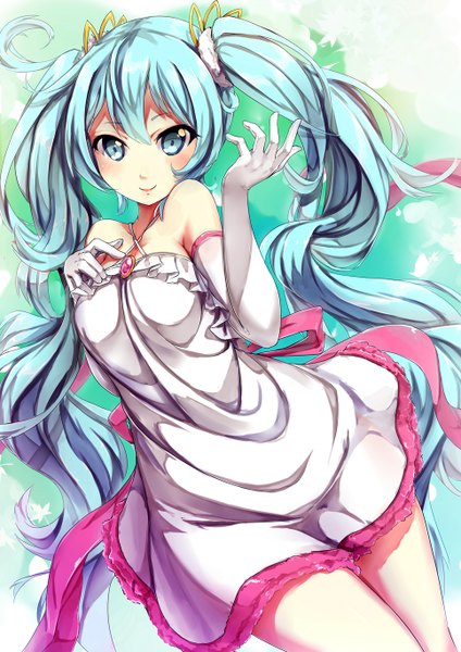 Anime picture 966x1366 with vocaloid hatsune miku pack er 5 single tall image looking at viewer blush smile twintails bare shoulders very long hair aqua eyes aqua hair girl dress gloves elbow gloves white gloves