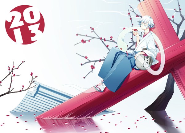 Anime picture 1600x1147 with kamisama hajimemashita mizuki (kamisama hajimemashita) tagme (artist) single fringe short hair holding looking away white hair traditional clothes japanese clothes aqua eyes wide sleeves reflection new year plum blossoms 2013 boy flower (flowers) animal