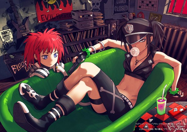 Anime picture 1500x1067 with blood lad brains base (studio) beros (blood lad) liz (blood lad) redjuice looking at viewer short hair blue eyes black hair twintails bare shoulders multiple girls yellow eyes cleavage red hair lying bare belly midriff crossed legs scar