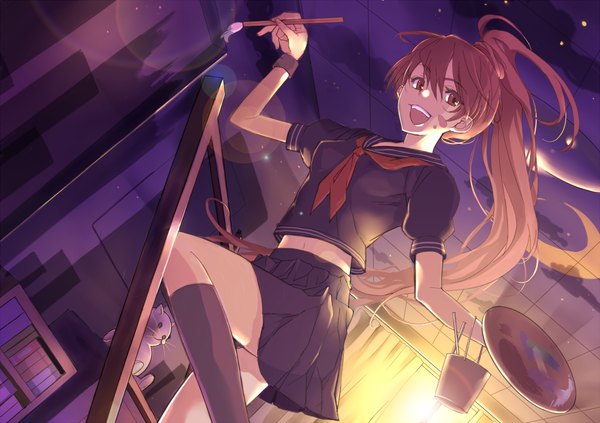 Anime picture 1227x867 with original oekaki musume (qpixiv) tagme (artist) single smile brown hair brown eyes ponytail very long hair girl thighhighs uniform school uniform serafuku book (books) cat sun paint ladder