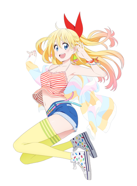 Anime picture 980x1335 with nisekoi shaft (studio) kirisaki chitoge long hair tall image looking at viewer open mouth blue eyes blonde hair transparent background half updo girl thighhighs bow hair bow shoes shorts sneakers
