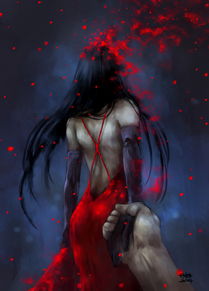 Anime picture 800x1110 with original nanfe long hair tall image black hair bare shoulders signed grey background back bare back girl dress boy gloves black gloves elbow gloves red dress hand