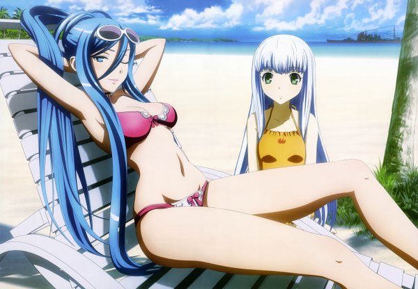 Anime picture 5871x4071 with aoki hagane no arpeggio nyantype takao (aoki hagane no arpeggio) iona long hair looking at viewer highres blue eyes light erotic hair between eyes multiple girls blue hair absurdres cloud (clouds) white hair ponytail one eye closed wink official art loli