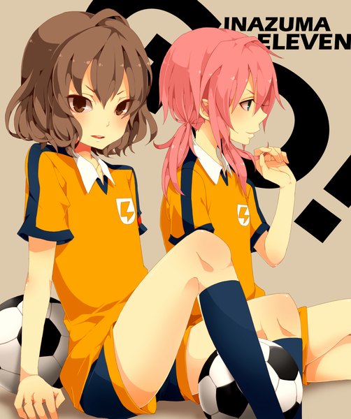 Anime picture 1207x1441 with inazuma eleven inazuma eleven go kirino ranmaru shindou takuto utaoka (23com) long hair tall image blush short hair open mouth brown hair sitting twintails brown eyes pink hair profile aqua eyes light smile inscription multiple boys