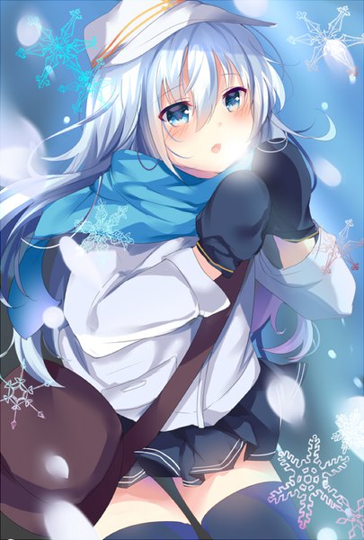 Anime picture 600x887 with kantai collection hibiki destroyer verniy destroyer pon (ponidrop) single long hair tall image blush fringe open mouth blue eyes hair between eyes sitting looking away white hair from above zettai ryouiki exhalation girl thighhighs