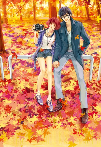 Anime picture 951x1388 with original daisy (artist) tall image fringe short hair breasts red eyes sitting holding blue hair looking away full body red hair head tilt lips couple holding hands hand in pocket autumn girl