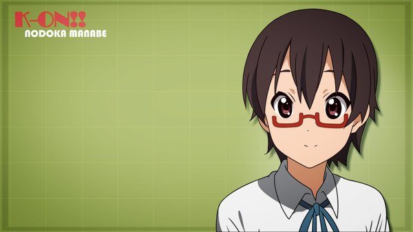Anime picture 1920x1080 with k-on! kyoto animation manabe nodoka single fringe highres short hair simple background smile hair between eyes brown hair wide image brown eyes wallpaper copyright name character names green background girl glasses