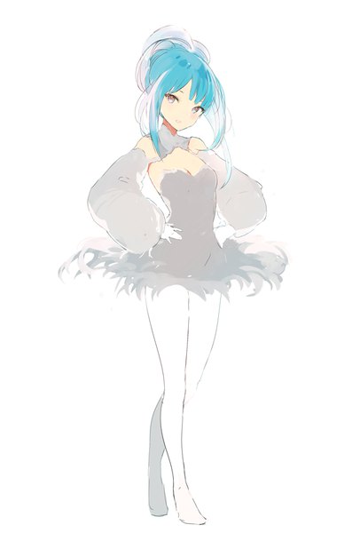 Anime picture 620x915 with original lpip single tall image looking at viewer blush short hair simple background smile white background holding brown eyes full body parted lips head tilt aqua hair wide sleeves hand on hip crossed legs (standing) girl