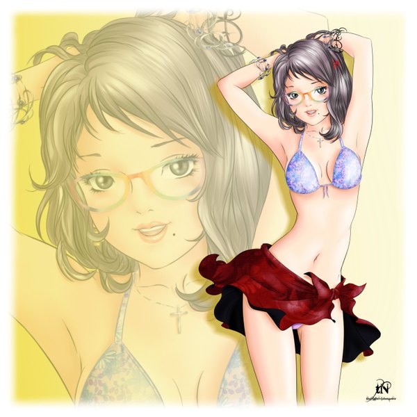 Anime picture 3000x3000 with canvas of life (manga) annie (canvas of life) thenightwishmaster single long hair looking at viewer highres breasts open mouth light erotic black hair light smile lips black eyes mole bare belly armpit (armpits) girl navel swimsuit